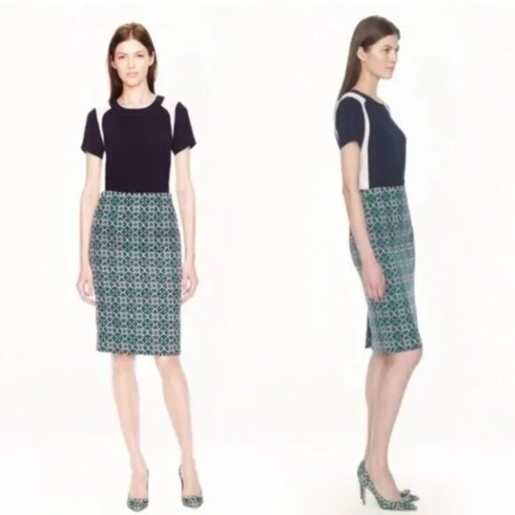J. Crew Lattice Medallion Print Pencil Skirt New Size 6 Green White - Picture 1 of 8